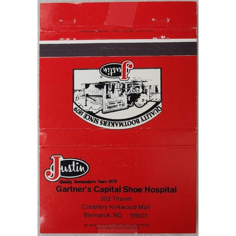 Vintage Matchbook Cover Justin Boots Gartner’s Capital Shoe Hospital Bismarck ND